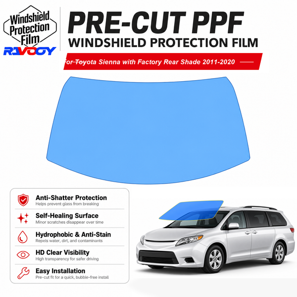 RAVOOY pre-cut front windshield protection film for Toyota Sienna w Factory Rear Shade 4D MV 2011-2020