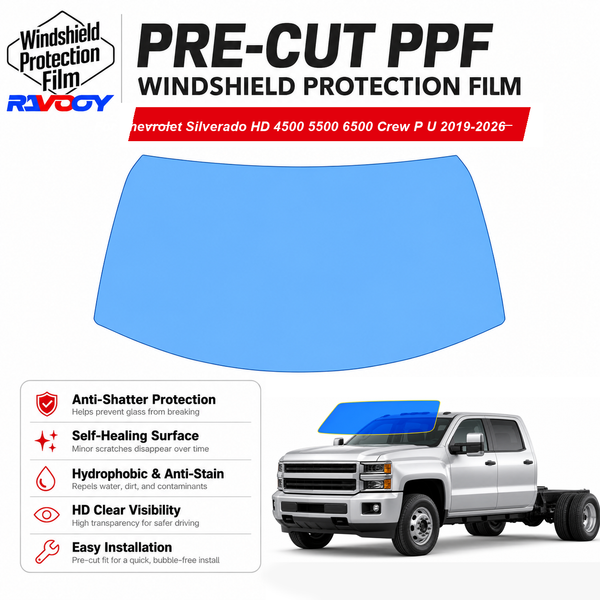 RAVOOY pre-cut front windshield protection film for Chevrolet Silverado HD 4500 5500 6500 Crew P U 2019-2026