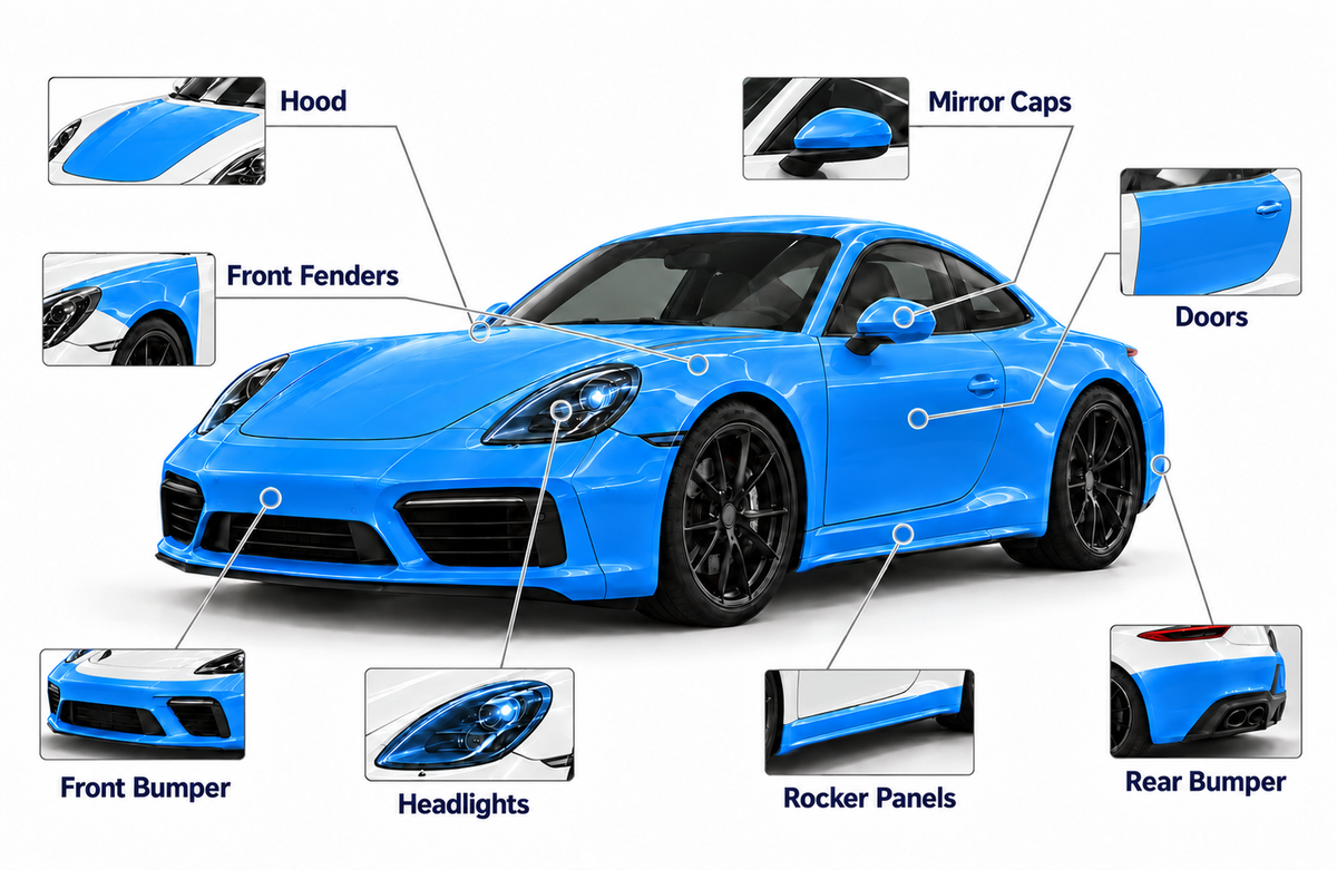 Full-body paint protection coverage illustration with eight labeled vehicle parts