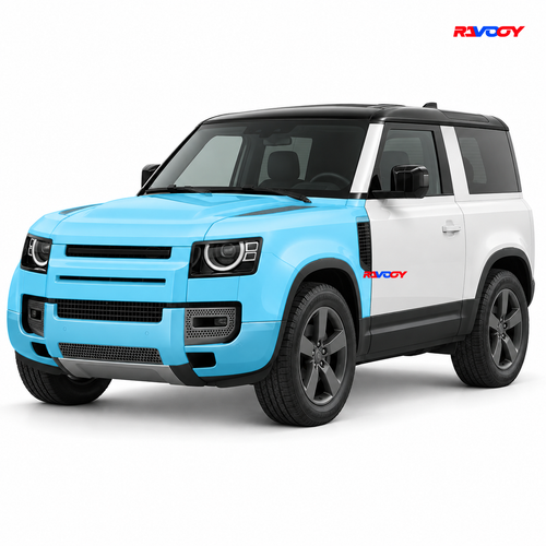 Land Rover Defender 90 2024–2026 Full Front coverage in blue with RAVOOY logo