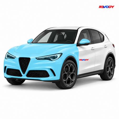 Alfa Romeo Stelvio 2025–2026 Full Front coverage in blue with RAVOOY logo