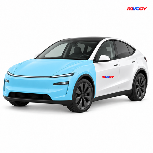Tesla Model Y 2025–2026 Full Front coverage in blue with RAVOOY logo
