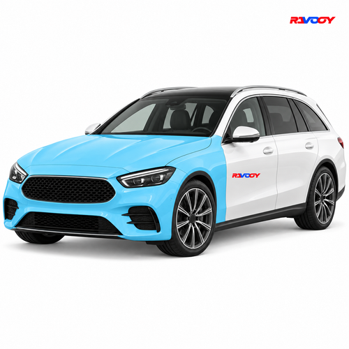 Mercedes-Benz E-Class 2024–2026 Full Front coverage in blue with RAVOOY logo