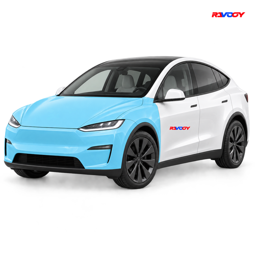 Tesla Model X 2022–2026 Full Front coverage in blue with RAVOOY logo