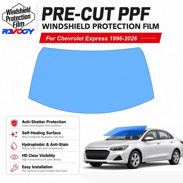 RAVOOY pre-cut front windshield protection film for Chevrolet Express Extd Van 1996-2026