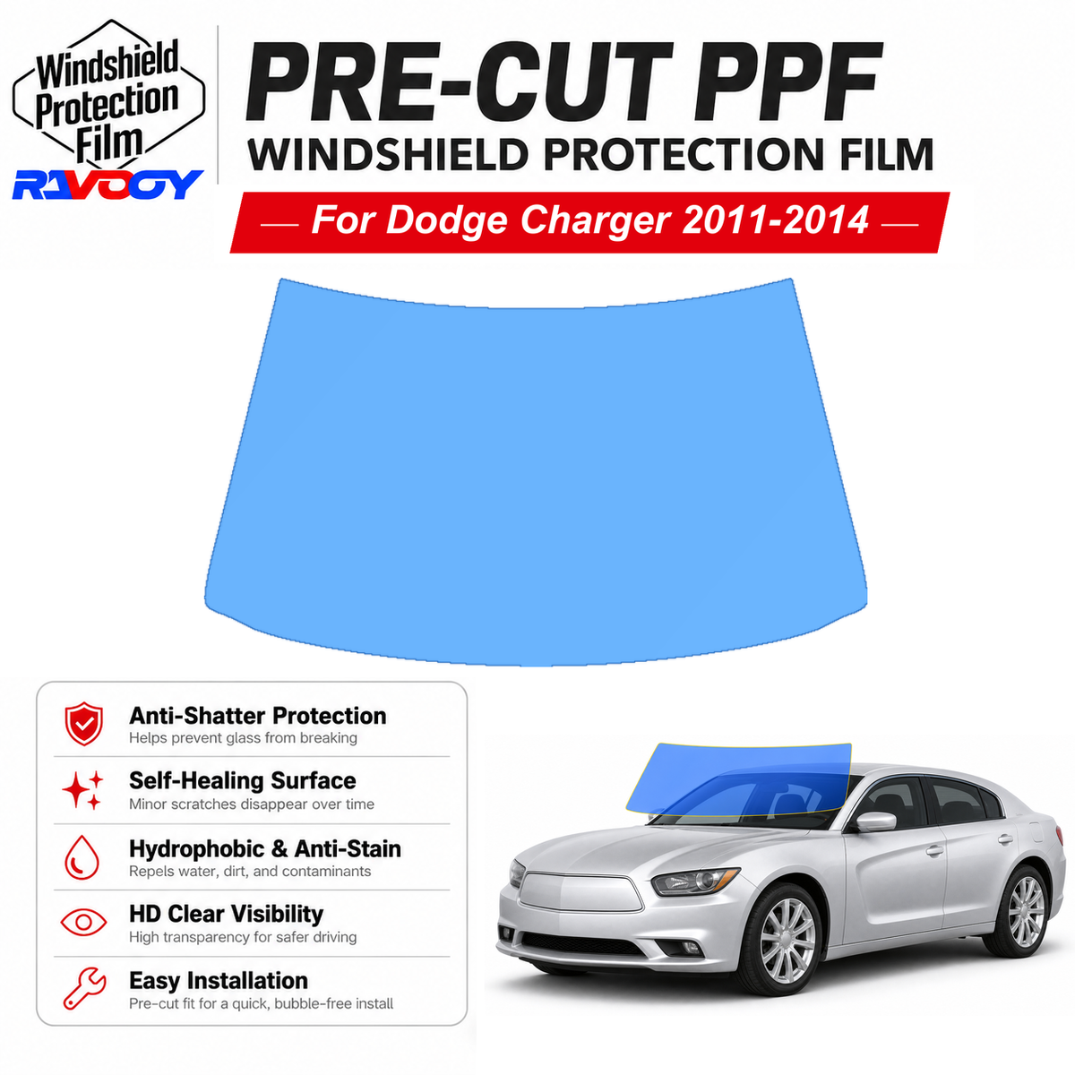 RAVOOY pre-cut front windshield protection film for Dodge Charger 4D Sdn 2011-2014