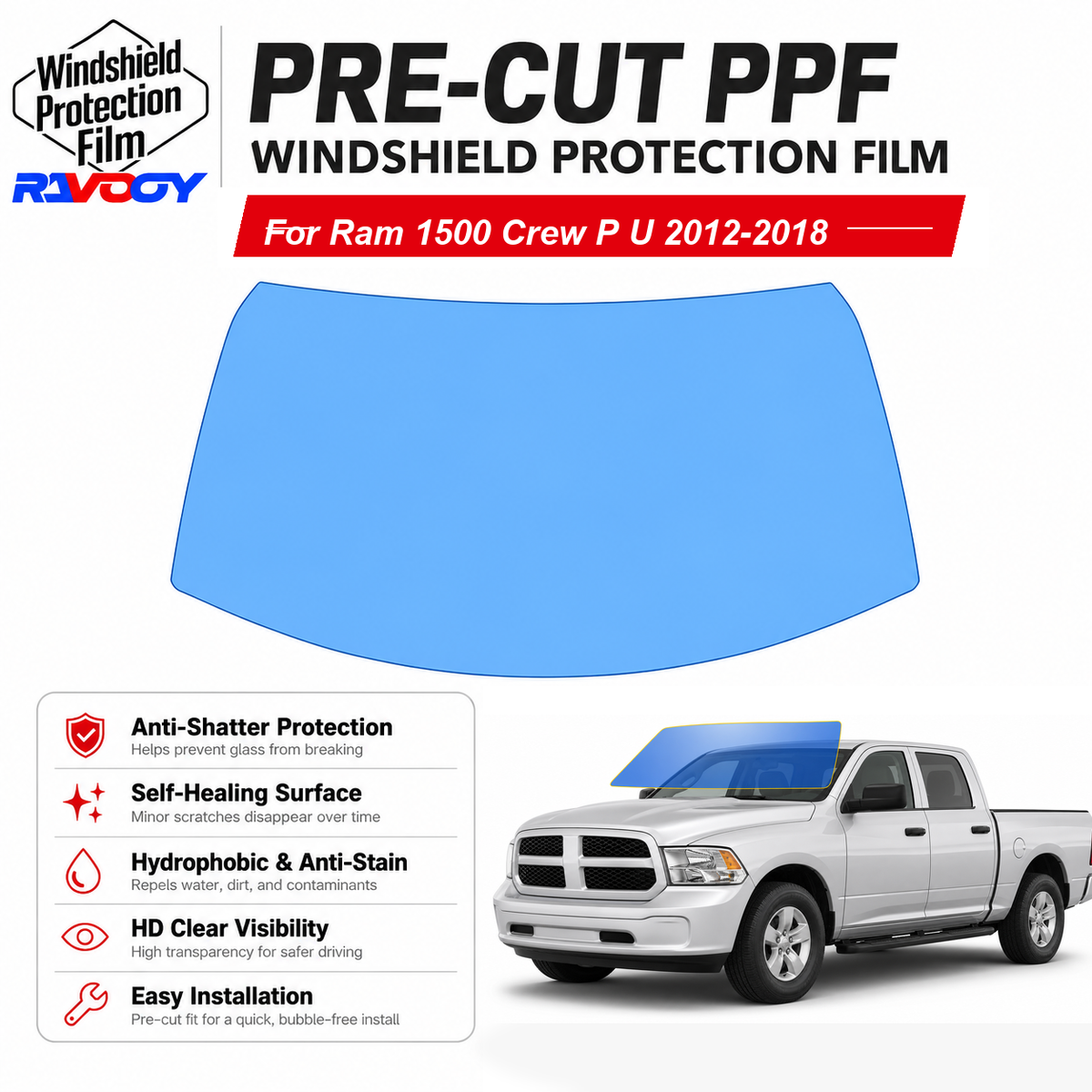 RAVOOY pre-cut front windshield protection film for Ram 1500 Crew P U 2012-2018