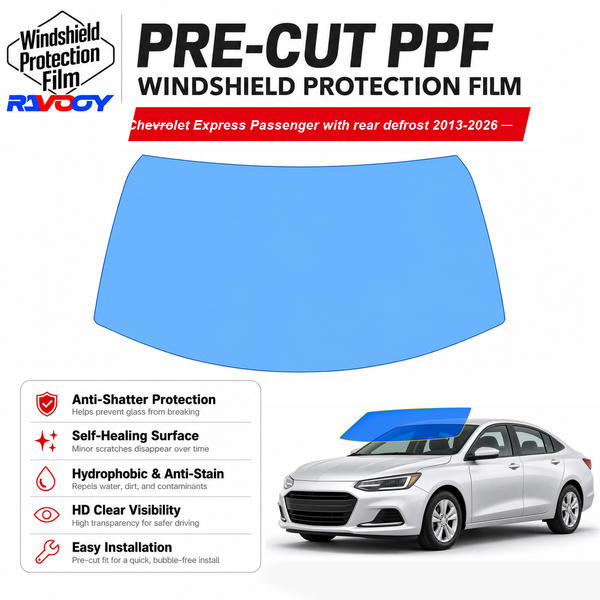 RAVOOY pre-cut front windshield protection film for Chevrolet Express Passenger w  rear defrost Extd Van 2013-2026