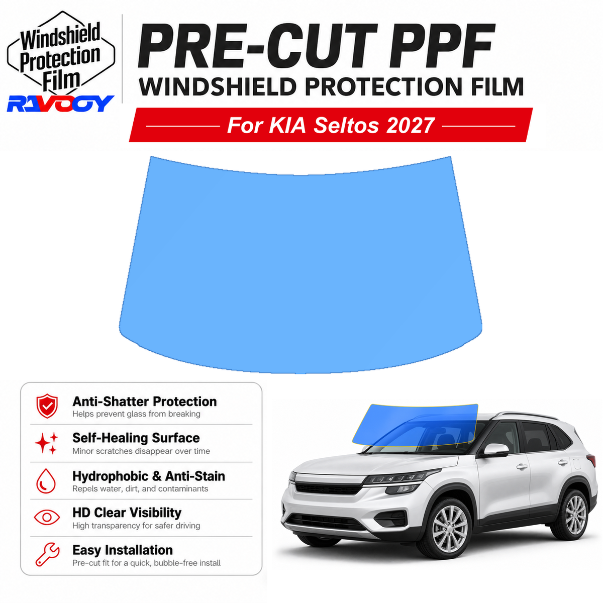 RAVOOY pre-cut front windshield protection film for KIA Seltos 4D SUV 2027-2027